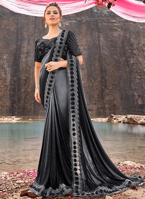 Designer Sarees Wedding Party Wear And More Lashkaraa Saree Designs Black Saree Party