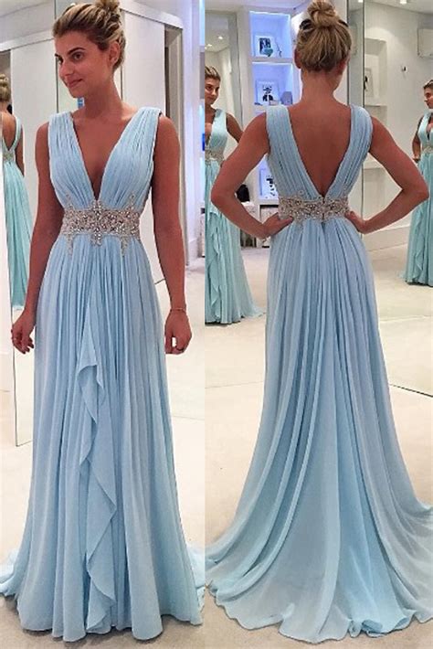 Hot Sales Light Blue Prom Dressesa Line Deep V Neck Prom Dressesoff