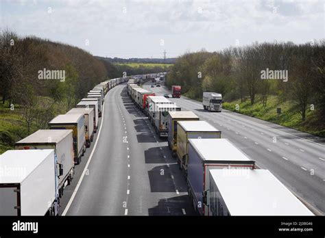 A View Of Lorries Queued In Operation Brock On The M20 Near Ashford In Kent As Freight Delays