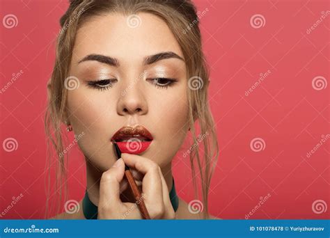 Portrait Of Beautiful Woman With Bright Make Up Stock Photo Image Of