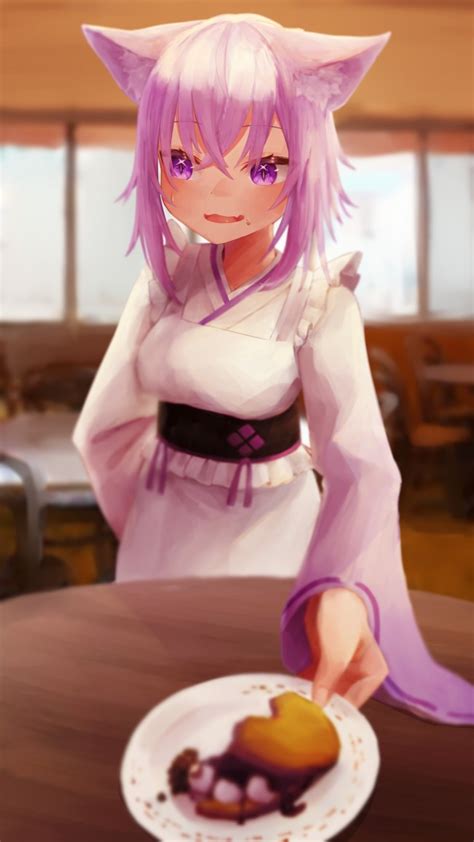 Wallpaper Cute Anime Girl Waitress Japanese Clothes Animal Ears Purple Hair Wallpapermaiden