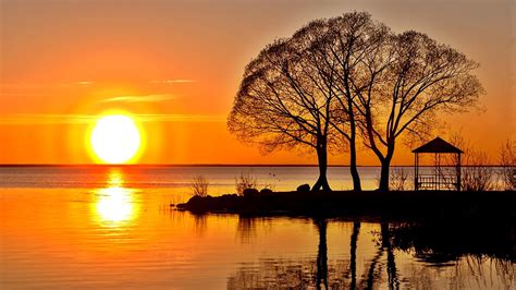 Lake Trees Suunset Red Sky