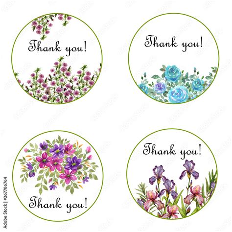 Set Of Beautiful Watercolor Floral Thank You Stickers Botanical Label