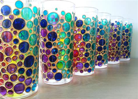 Rainbow Tumblers Set Of 6 Water Glasses Multi Coloured Bubbles Paint