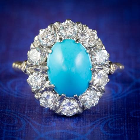 Antique Edwardian Turquoise Diamond Cluster Ring Platinum Ct Gold Ct