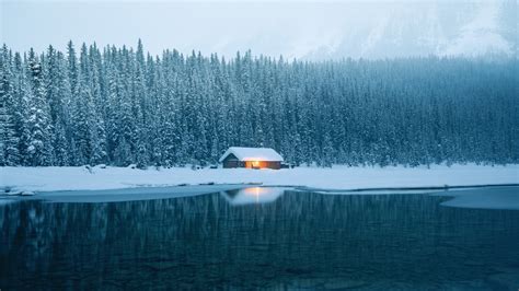 Winter Snow Ice Lake Trees Cabin Landscape Cold Outdoors Water