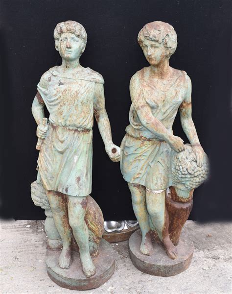 Pair Antique Victorian Cast Iron Roman Garden Statues Figurines Circa
