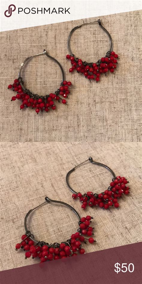 Sterling Silver Hoops With Red Coral Dangles Gorgeous Handmade Sterling