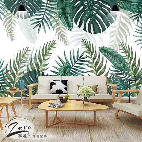 Handpainted Hanging Tropical Leaves Wallpaper Wall Etsy In 2020