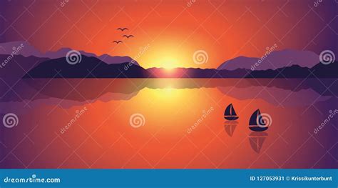 Two Sailboats On A Lake At A Romantic Sunset Stock Vector