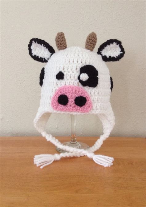 Crochet Cow Farm Animal Earflap Hat For Newborn Baby Toddler