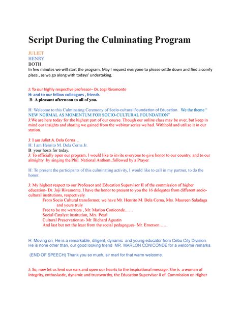 Culminating Program Script Socio Cultural Script During The