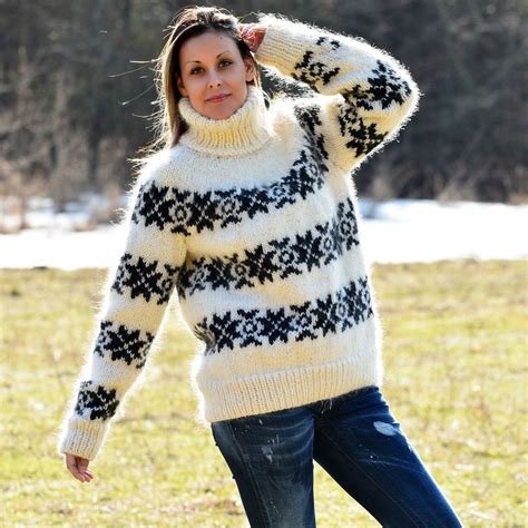 Extravagantza Hand Knitted Mohair Sweater Nordic Icelandic White Black