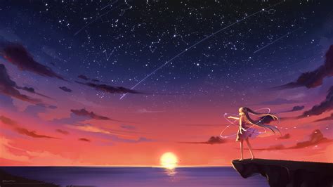 Anime Girl Barefoot Blonde Sky Stars Sunset K Hd Anime K Wallpapers
