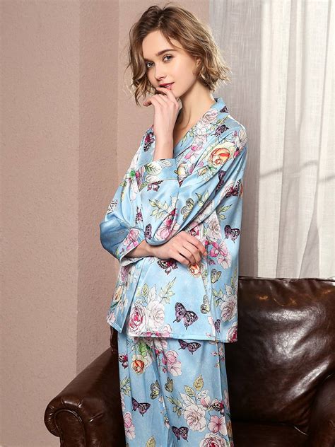19 Momme Pink Floral Butterfly Print Long Silk Pajama Sets Fs128