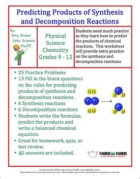 Synthesis reactions in synthesis reactions, two or more reactants come together worksheet #2: Predicting Products of Synthesis and Decomposition ...
