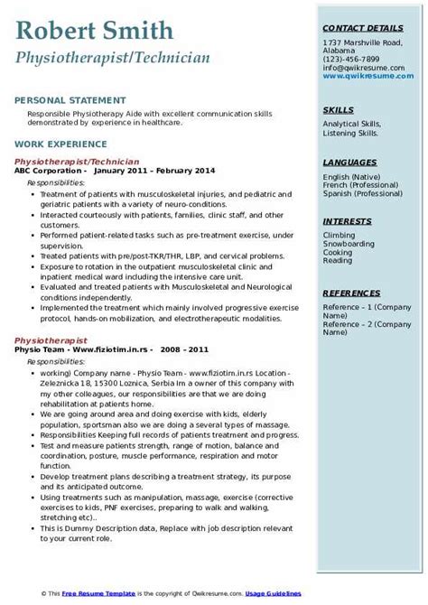 The best format for your resume. Physiotherapist Resume Samples | QwikResume