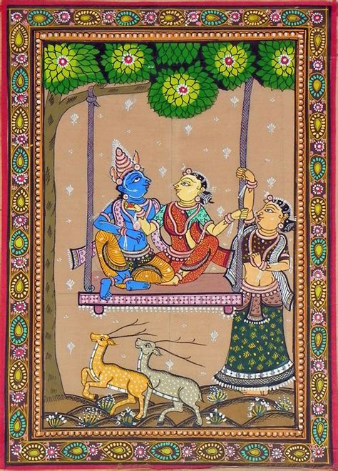 Radha Krishna On A Swing With Gopini Orissa Paata Painting On Tussar