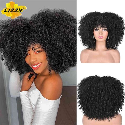 14short Afro Kinky Curly Wigs With Bangs For Black Women Blonde Mixed Brown Synthetic Cosplay
