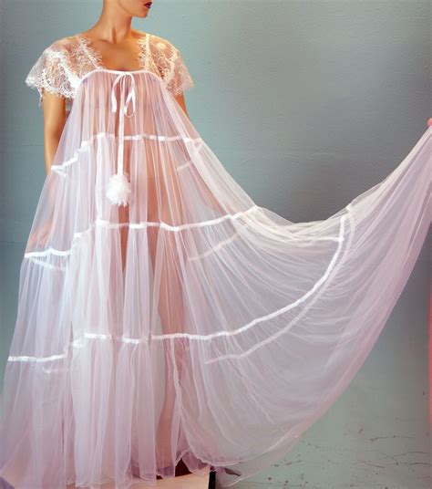 Vtg Style Antron Chiffon Totally Sheer 400″ Sweeping Long Bridal Night Gown Peignoir In White Or