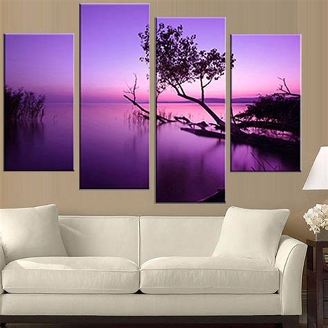 4 Pcsset Landscape Purple Lake Canvas Prints Painting Modern Purple