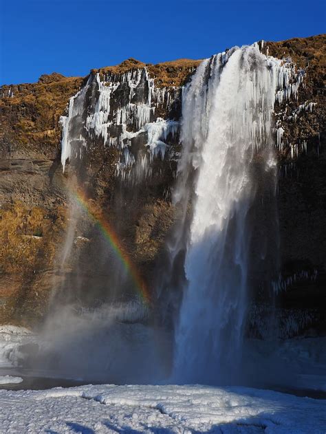 Iceland Waterfall Seljalandsfoss Icy Frozen Winter Rainbow Cliff