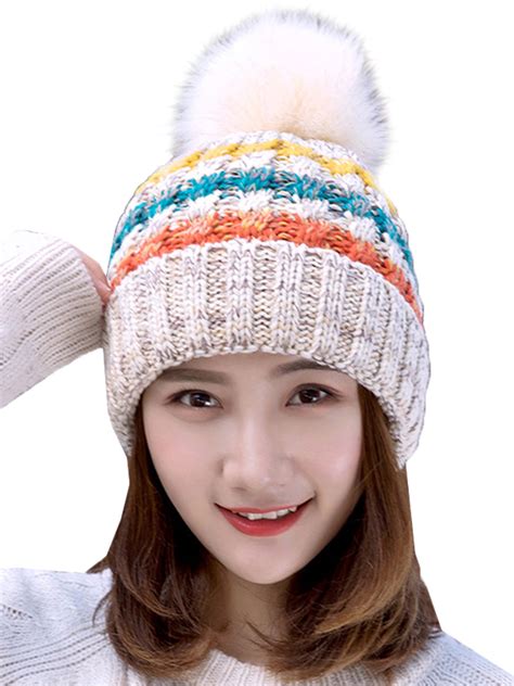 Accessories Hats And Caps Ladies Bobble Hat Winter Beanie Hats Cable Knitted Hat With Faux Fur Pom