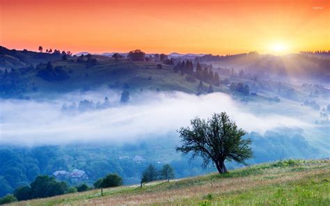 Orange Sunset Over The Foggy Valley Wallpaper Nature Wallpapers 48280