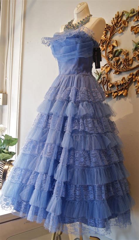 Periwinkle Blue Vintage Lacy Strapless Full Length 1950s Dress Prom Dresses Vintage