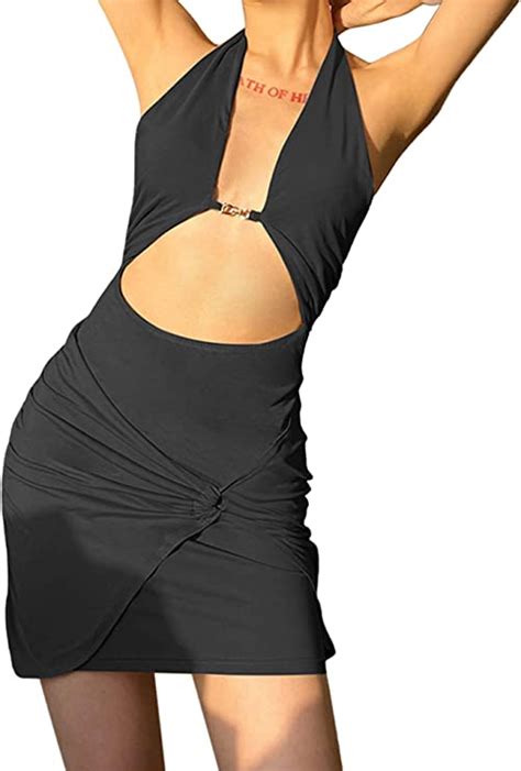 Women Sexy Criss Cross Halter Neck Bodycon Dress Y2k Hollow Out Ruched