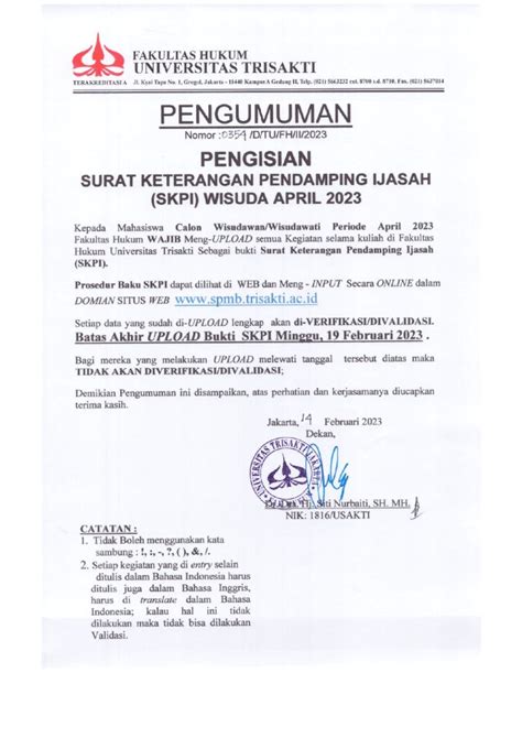 Pengumuman Surat Pengisian Pendamping Ijazah Skpi Wisuda April Fakultas Hukum