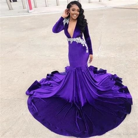 Purple Velour Prom Party Dress Mermaid Velvet Long Sleeve Deep V Neck