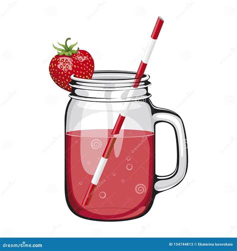 Strawberry Juice Smoothie In A Mason Jar With A Straw Stock