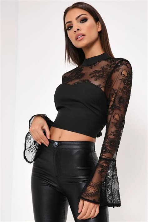 Black Lace Crop Top With Tie Waist Black Lace Crop Top Tops Fashion Tops Blouse