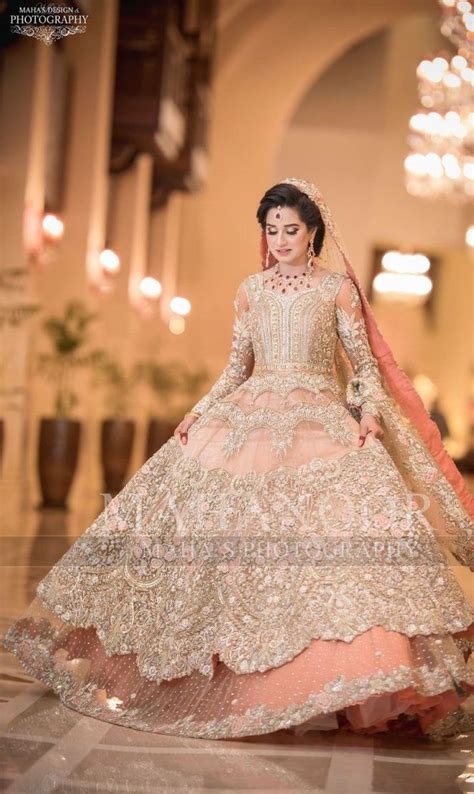 Walima Bridal Dress In Peachy Pink Color With Pure Dull Gold And Silver Dabka Nagh Zari Pe