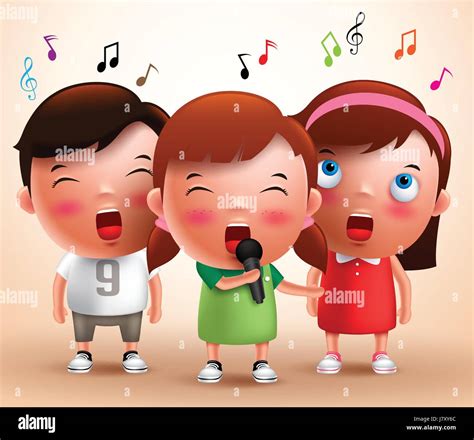 Singing Kids Vector Characters Holding Microphone And Performing With