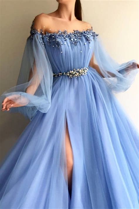 Long Sleeve Tulle Prom Dresses With High Split Beaded Crystal Fashion