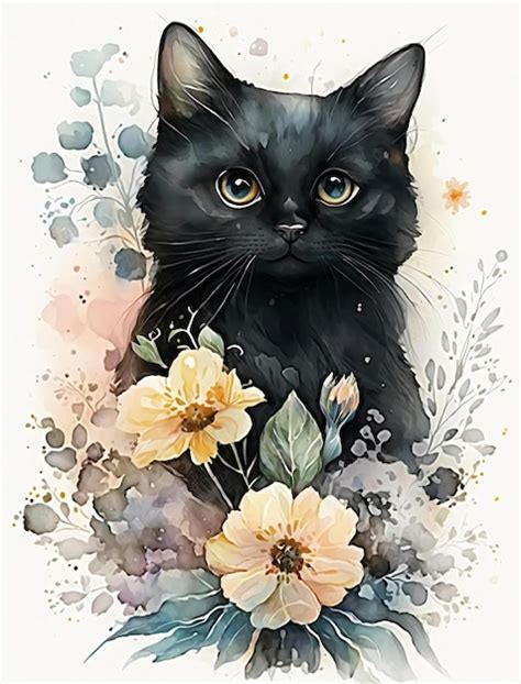 Premium Ai Image A Watercolor Painting Of A Black Cat With Yellow Eyes