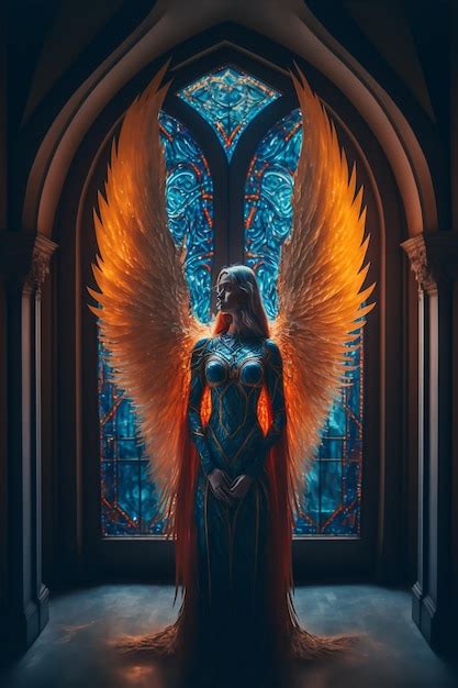 Premium Ai Image A Woman Stands In Front Of A Stained Glass Window With The Words Angel On It