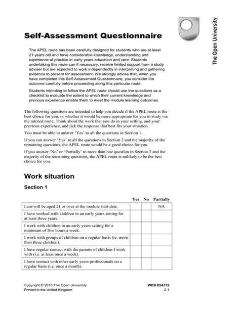 Ezl100 Self Assessment Questionnaire