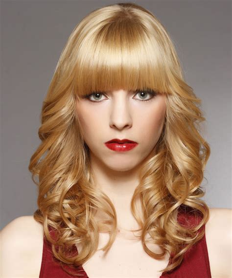 Long Curly Formal Hairstyle With Blunt Cut Bangs Honey Blonde Hair