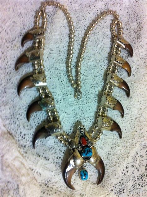 Vintage Bear Claw Necklace Signed Turquoise U S M Tosie Sterling Silver Bear Claw Necklace