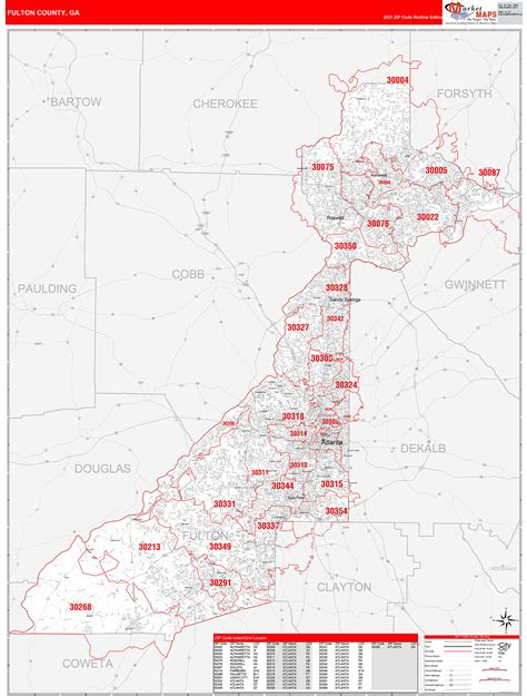 Fulton County Ga Zip Code Wall Map Red Line Style By Marketmaps Mapsales