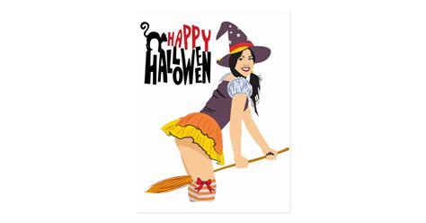 Sexy Pinup Witch Riding A Broom Happy Halloween Postcard