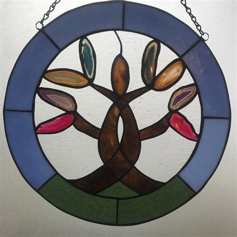 Stained Glass Art Panel Tree Of Life With Agates Etsy Stained Glass