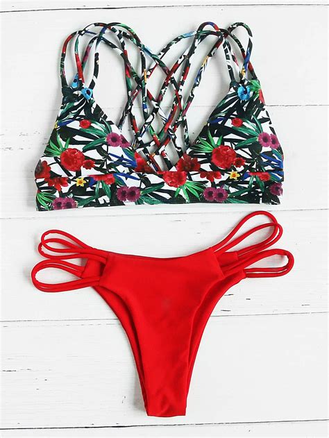 Shop Floral Caged Back Mix And Match Bikini Set Online Shein Offers Floral Caged Back Mix And