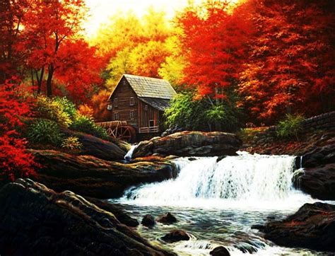 Forest Watermill Autumn Painting Waterfall Colors River Trees