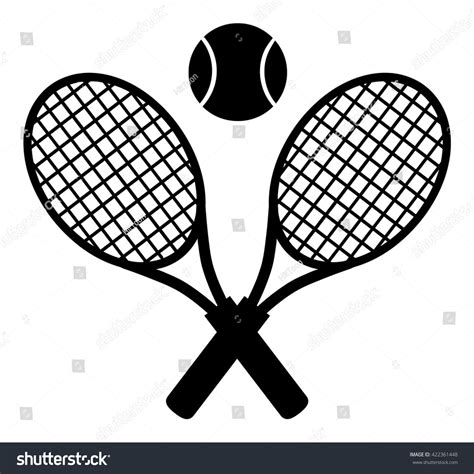 Crossed Racket And Tennis Ball Black Silhouette Vector Illustration