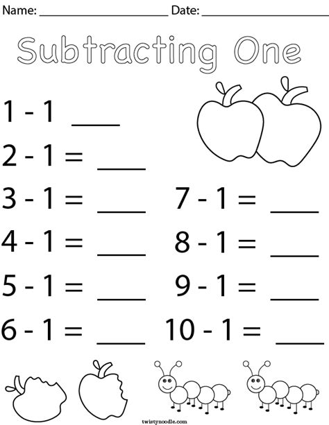 Subtracting One Math Worksheet Twisty Noodle