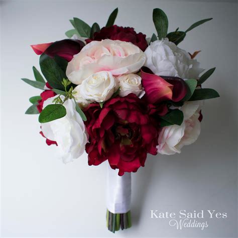 Burgundy And Ivory Peony Silk Wedding Bouquet With Blush Roses And Euc